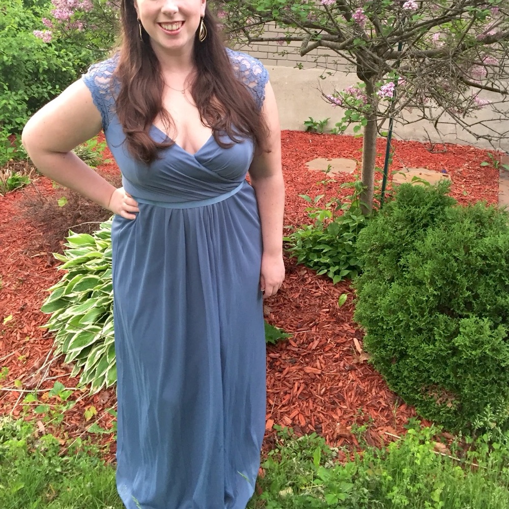David's Bridal Lace Shoulders Blue Maxi Dress